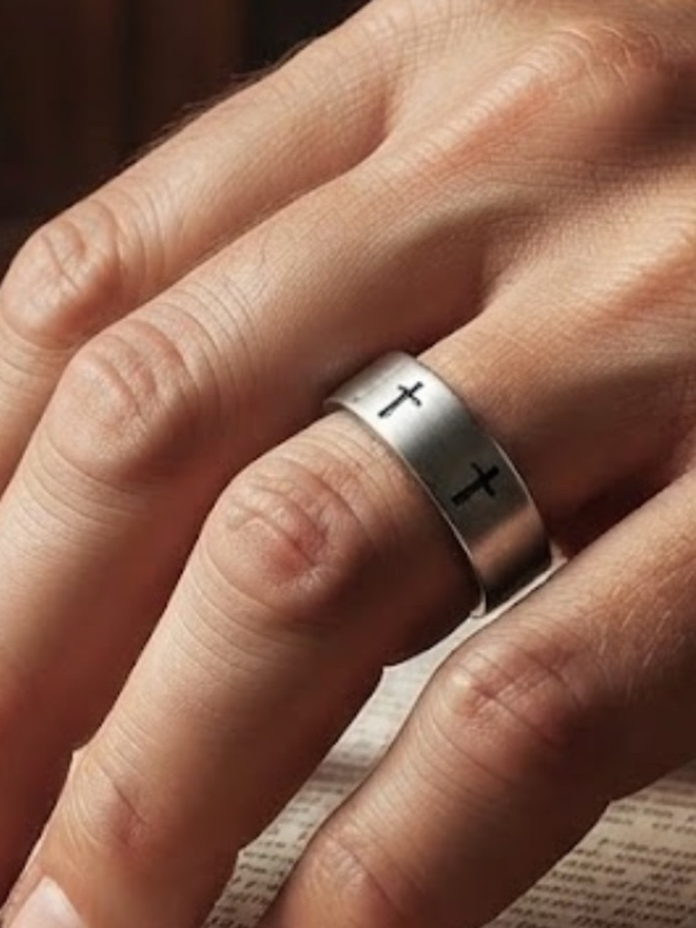 Vintage silver-toned stainless steel band men’s ring engraved black cross 9.5